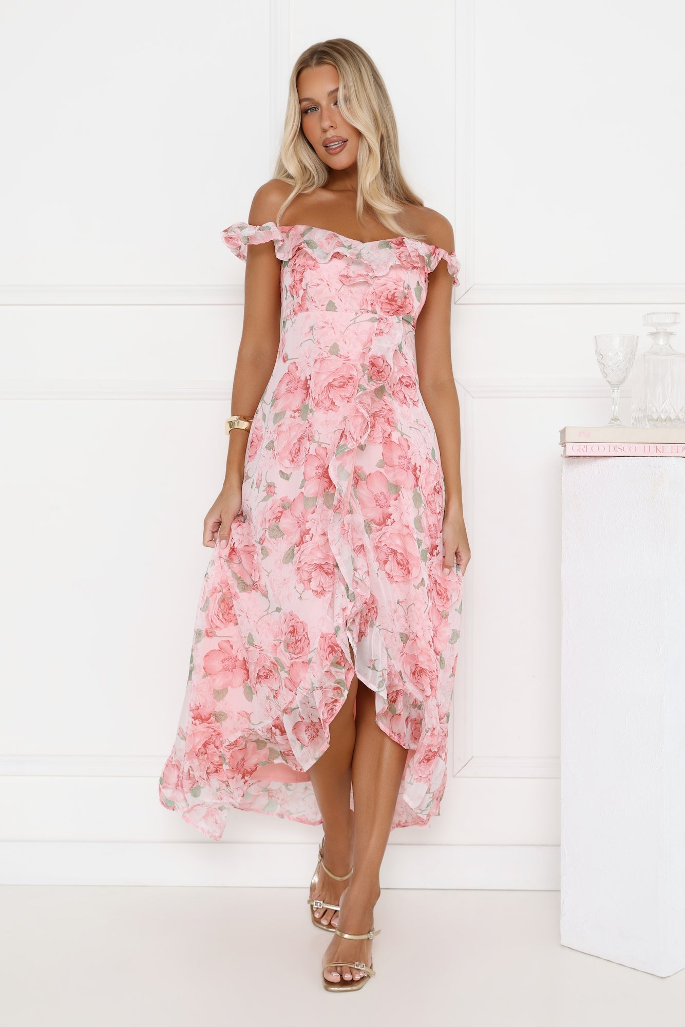 Vestido longo ombro a ombro Flores Sussurrantes - Rosa