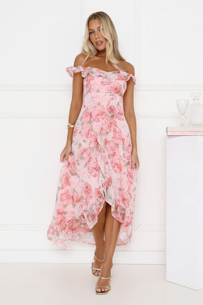 Vestido longo ombro a ombro Flores Sussurrantes - Rosa