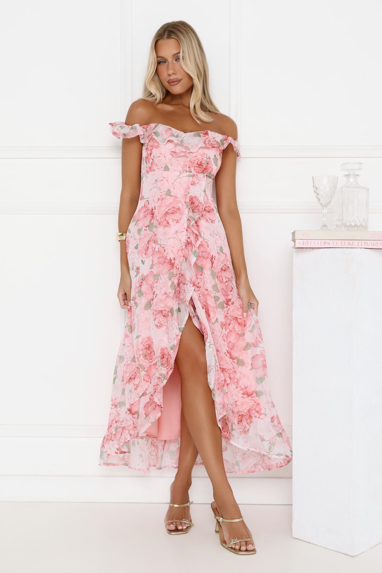 Vestido longo ombro a ombro Flores Sussurrantes - Rosa