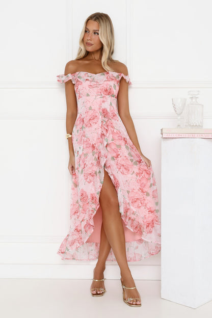 Vestido longo ombro a ombro Flores Sussurrantes - Rosa