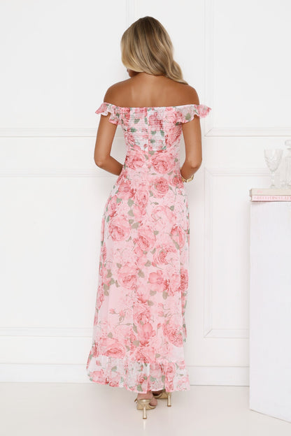 Vestido longo ombro a ombro Flores Sussurrantes - Rosa