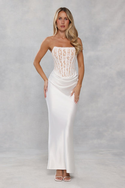 Vestido longo tomara-que-caia em cetim e renda "Love In Full Bloom" — Branco