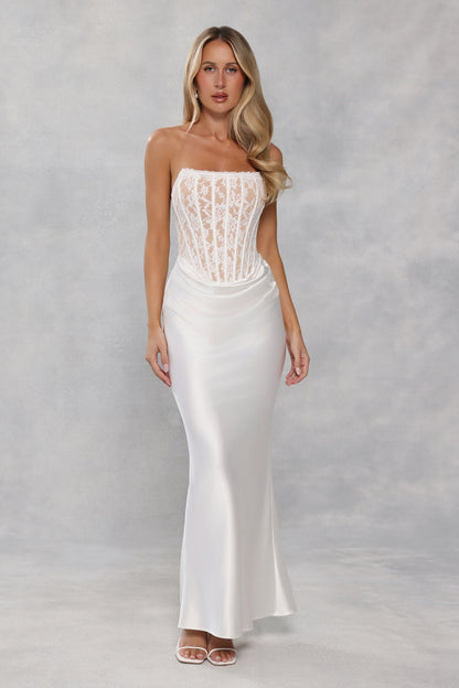 Vestido longo tomara-que-caia em cetim e renda "Love In Full Bloom" — Branco