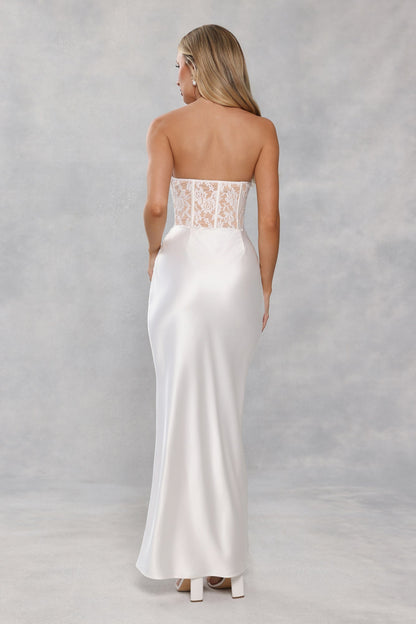 Vestido longo tomara-que-caia em cetim e renda "Love In Full Bloom" — Branco