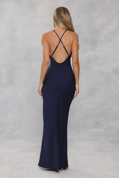 Vestido longo de cetim Midnight Luxe — Azul Tinta
