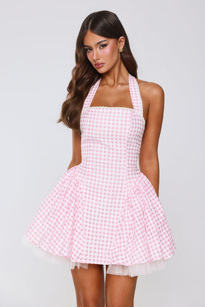 Minivestido Xadrez Vichy "Lírio Encantado" — Rosa claro