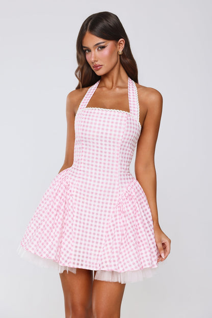 Minivestido Xadrez Vichy "Lírio Encantado" — Rosa claro
