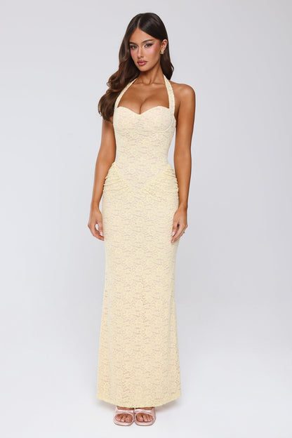 Vestido Longo de Renda com Decote Halter "Sonho Delicado" — Amarelo