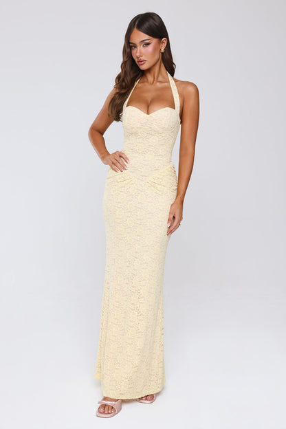 Vestido Longo de Renda com Decote Halter "Sonho Delicado" — Amarelo
