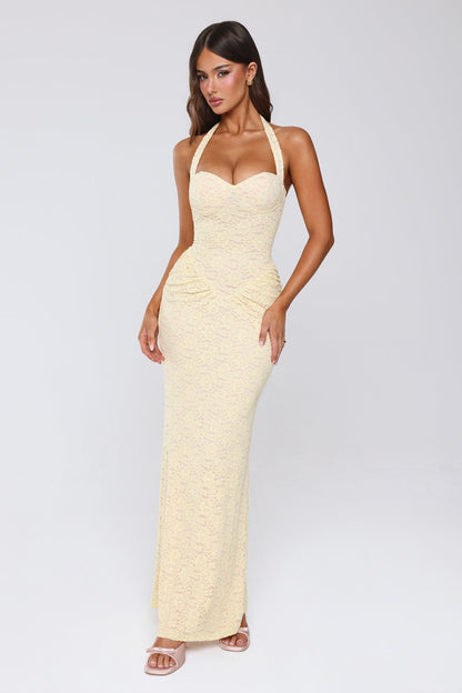 Vestido Longo de Renda com Decote Halter "Sonho Delicado" — Amarelo
