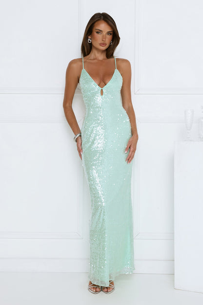 Vestido longo de paetês Starlit Shores — Verde-água