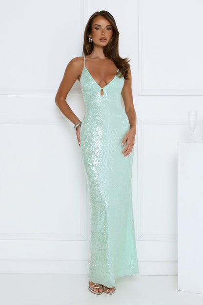Vestido longo de paetês Starlit Shores — Verde-água