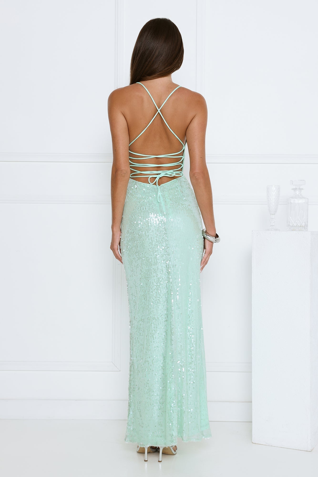 Vestido longo de paetês Starlit Shores — Verde-água