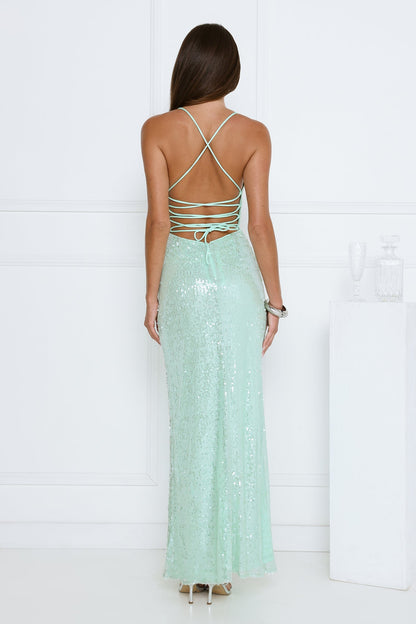 Vestido longo de paetês Starlit Shores — Verde-água