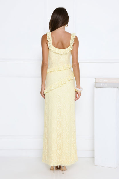 Vestido Longo de Renda Crepúsculo Dourado — Manteiga