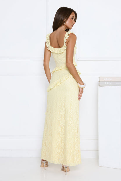 Vestido Longo de Renda Crepúsculo Dourado — Manteiga