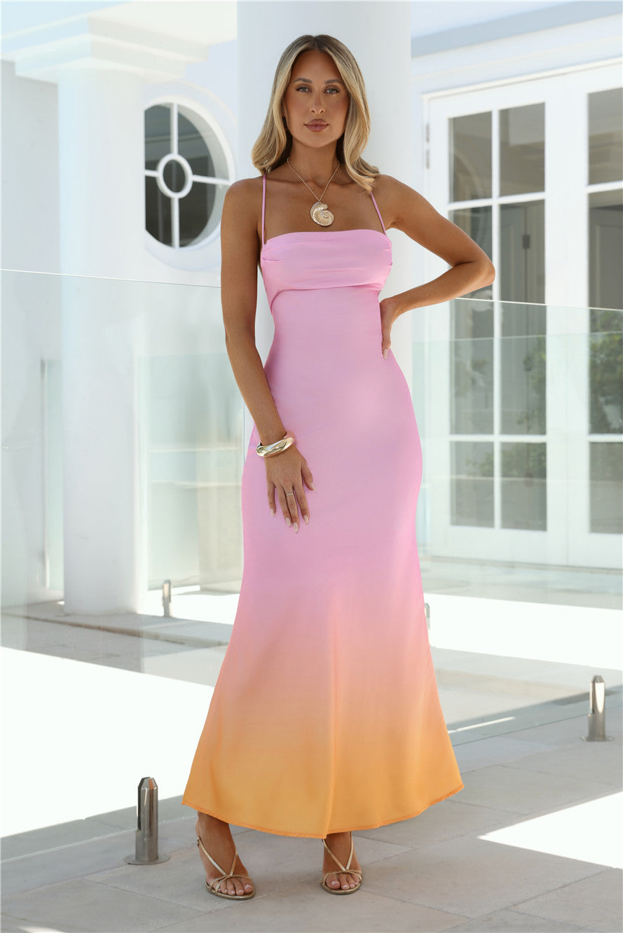 Vestido Maxi de Cetim Amber Horizon — Pôr-do-sol