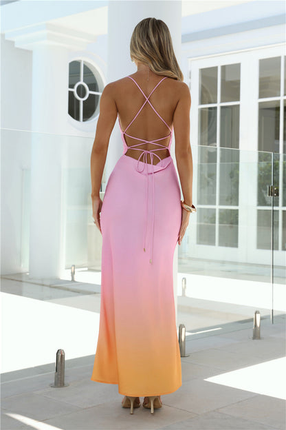 Vestido Maxi de Cetim Amber Horizon — Pôr-do-sol