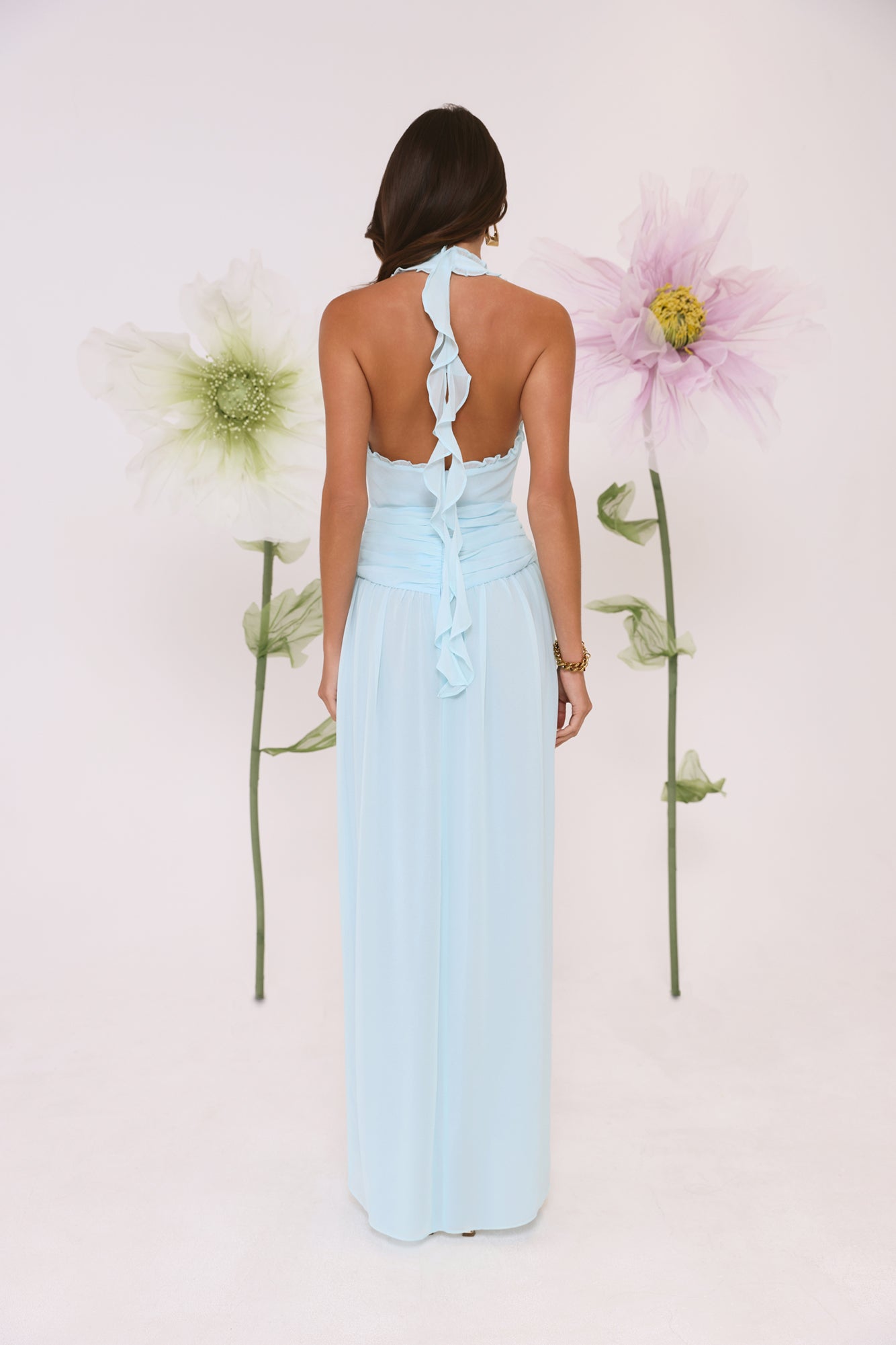 Vestido longo com decote halter "Sea Glass Nights" — Azul