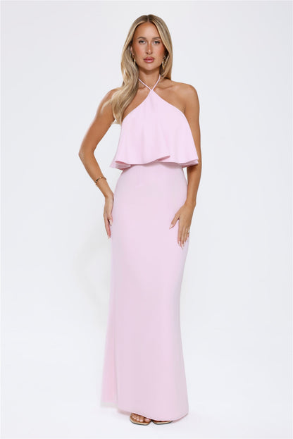 Vestido Longo Halter Sedoso Rosa