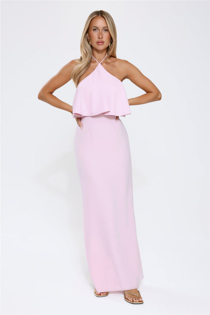 Vestido Longo Halter Sedoso Rosa