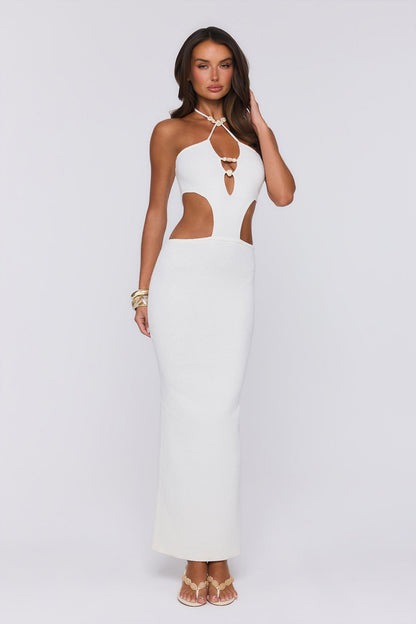 Beachside In Cabo — Vestido longo de tricô com decote halter, Branco