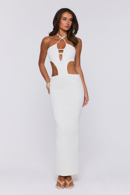 Beachside In Cabo — Vestido longo de tricô com decote halter, Branco