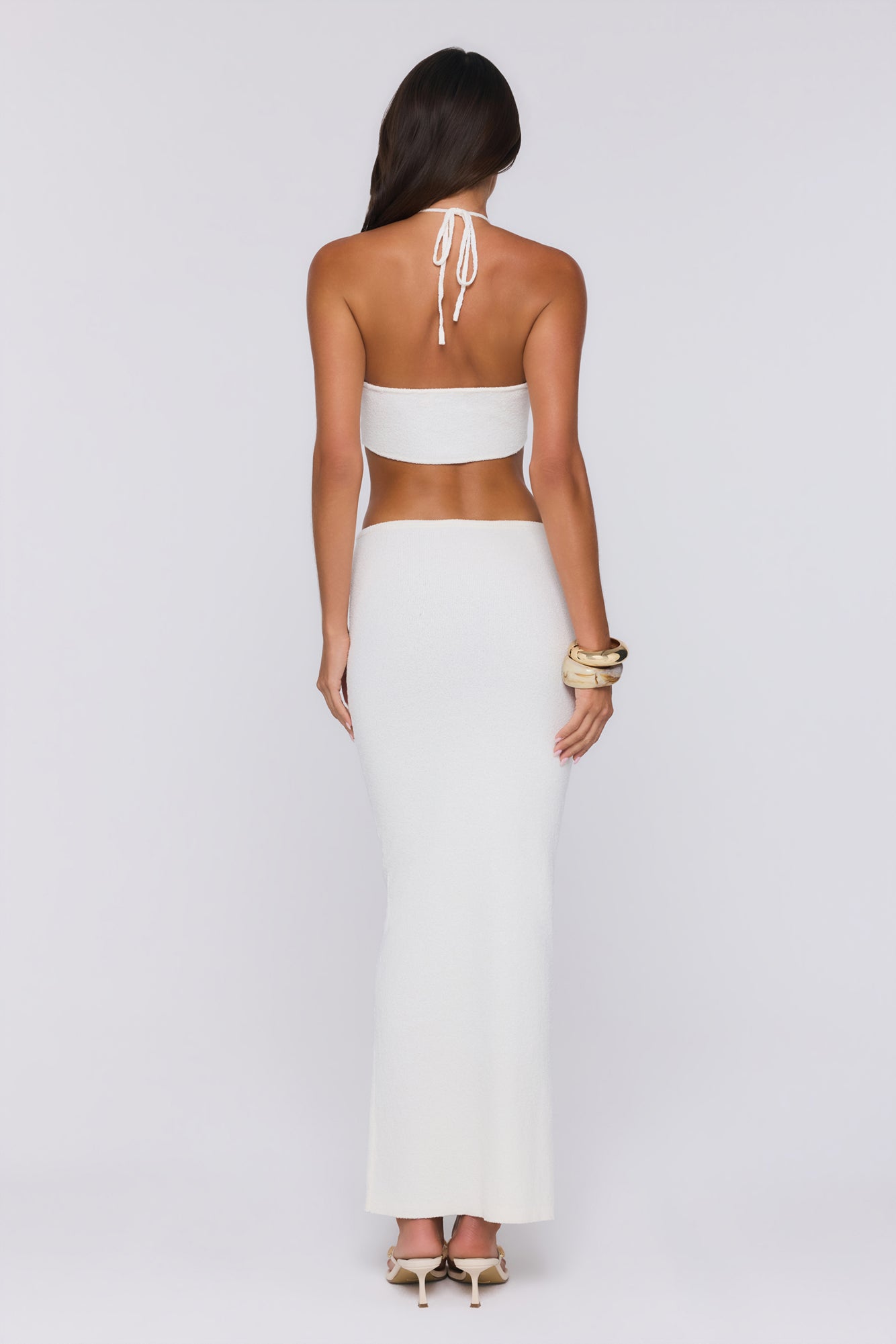 Beachside In Cabo — Vestido longo de tricô com decote halter, Branco