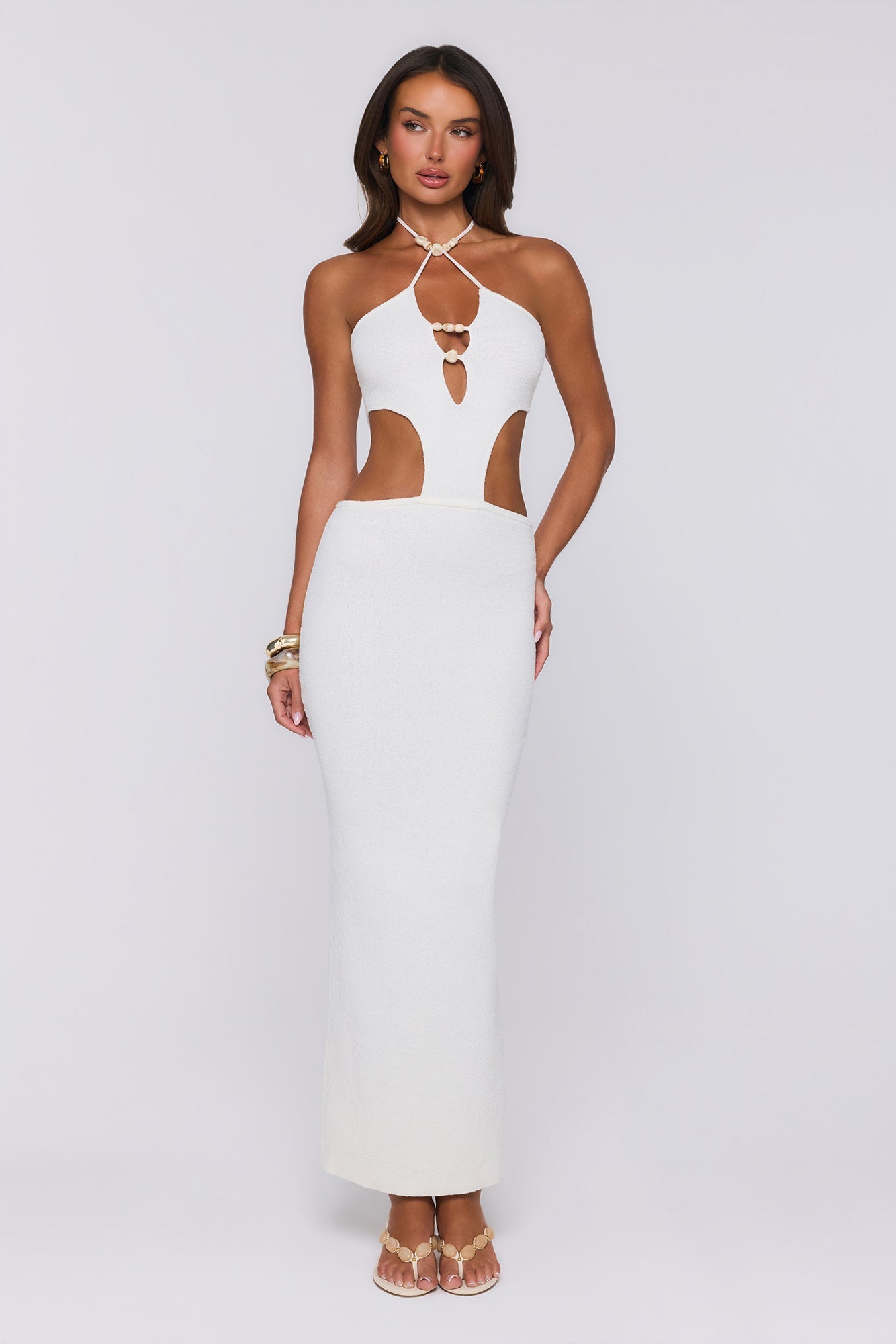 Beachside In Cabo — Vestido longo de tricô com decote halter, Branco