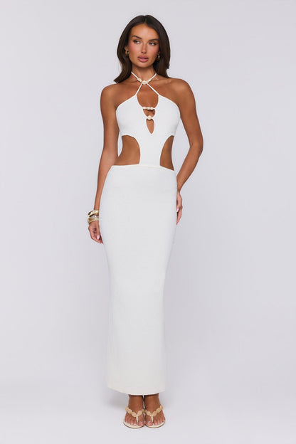 Beachside In Cabo — Vestido longo de tricô com decote halter, Branco
