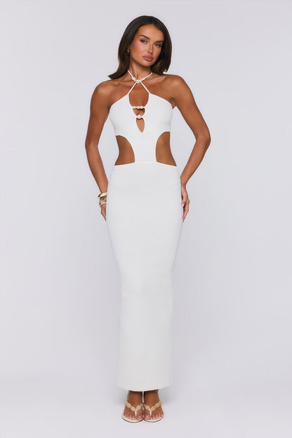 Beachside In Cabo — Vestido longo de tricô com decote halter, Branco