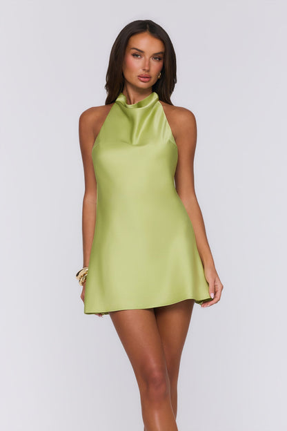 Power Walk Mini Vestido Halter em Cetim — Verde-limão