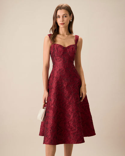 Vestido midi em jacquard com decote coração — vermelho