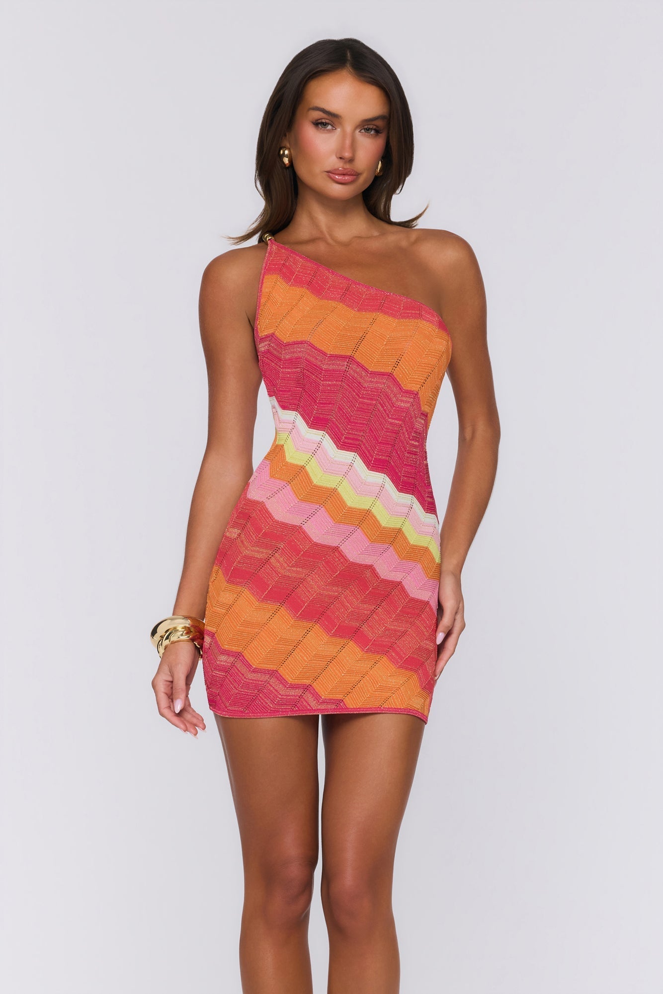 Style Of The Times — Vestido mini de tricô com um ombro só, multicores