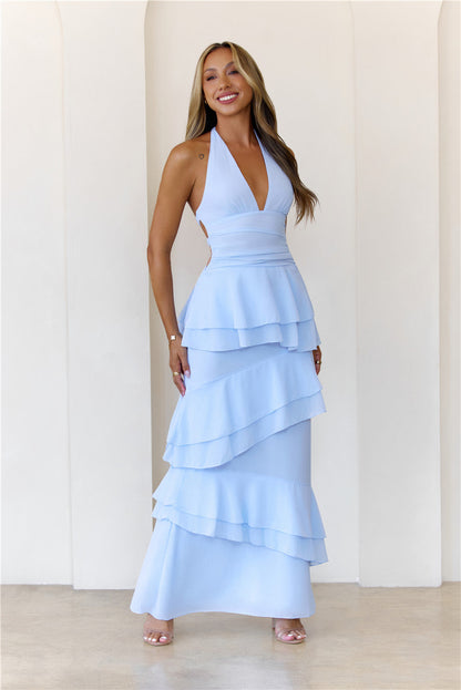 Vestido longo com decote halter Power Glow — Azul