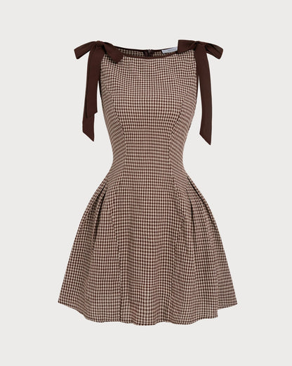 Minivestido xadrez vichy marrom com alças de amarrar