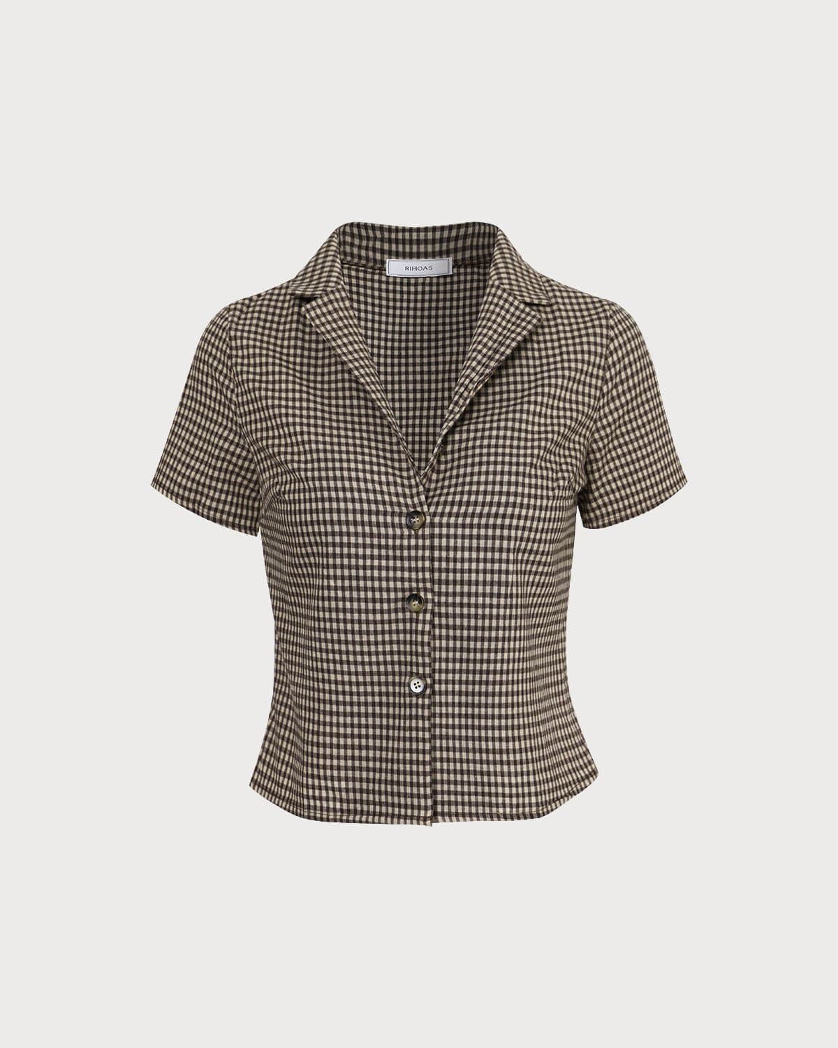 Blusa xadrez Vichy de manga curta com lapela marrom