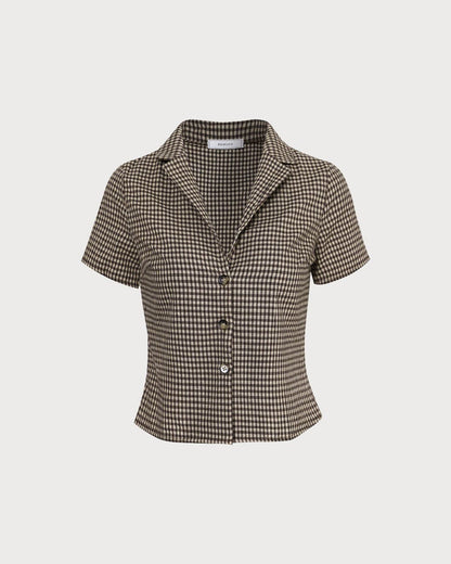 Blusa xadrez Vichy de manga curta com lapela marrom