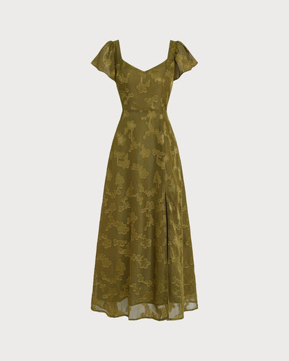 Vestido longo em jacquard com decote coração — Verde