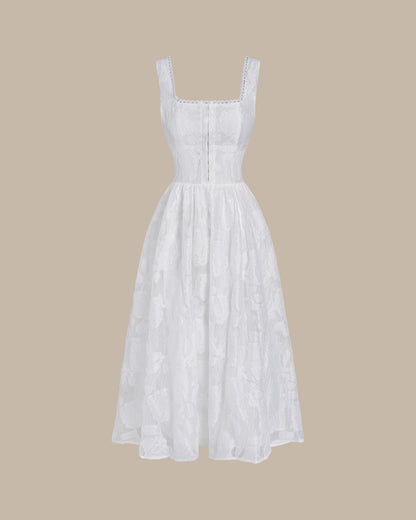 Vestido slip midi em jacquard branco com franzidos