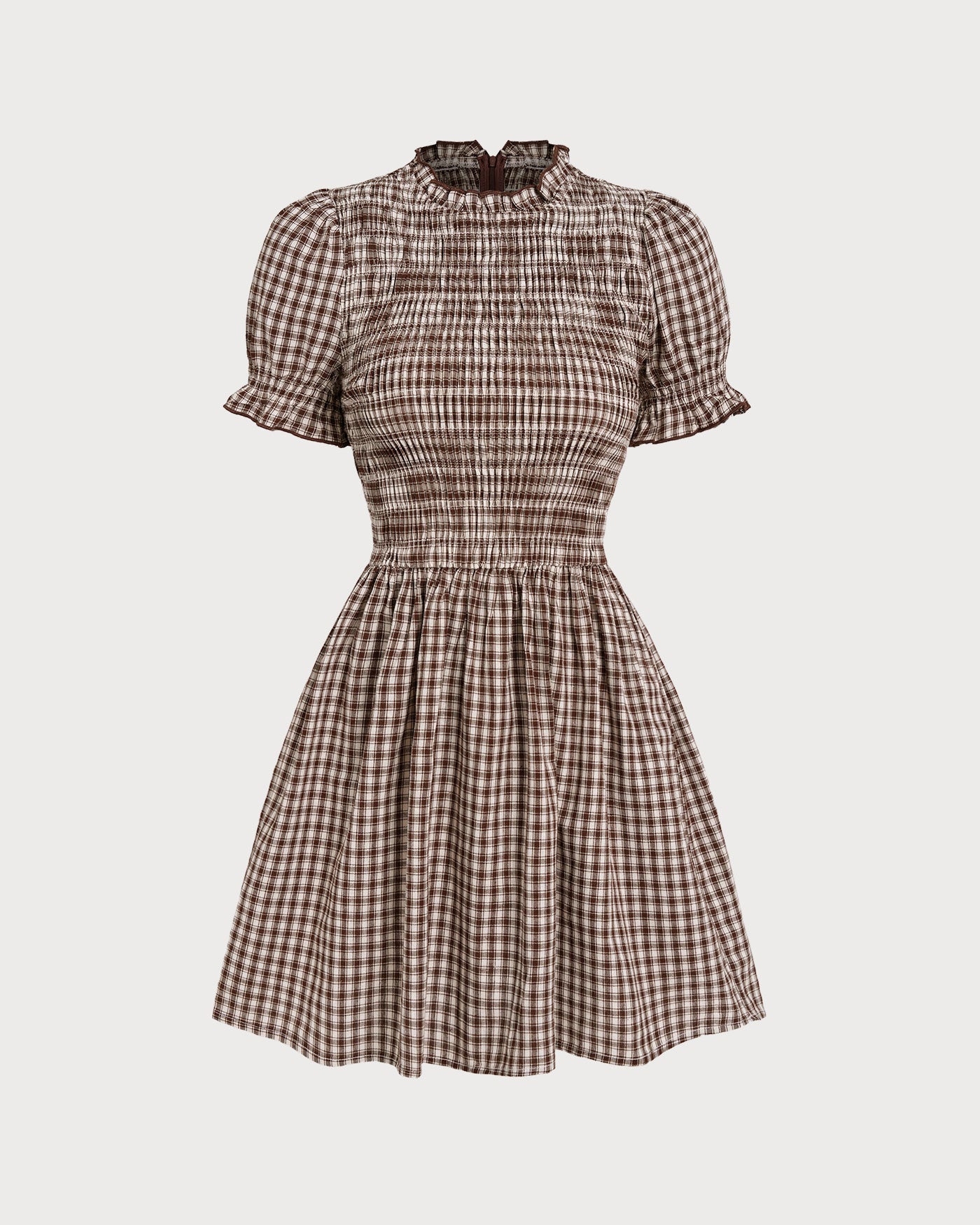 Vestido curto em xadrez vichy café com mangas bufantes