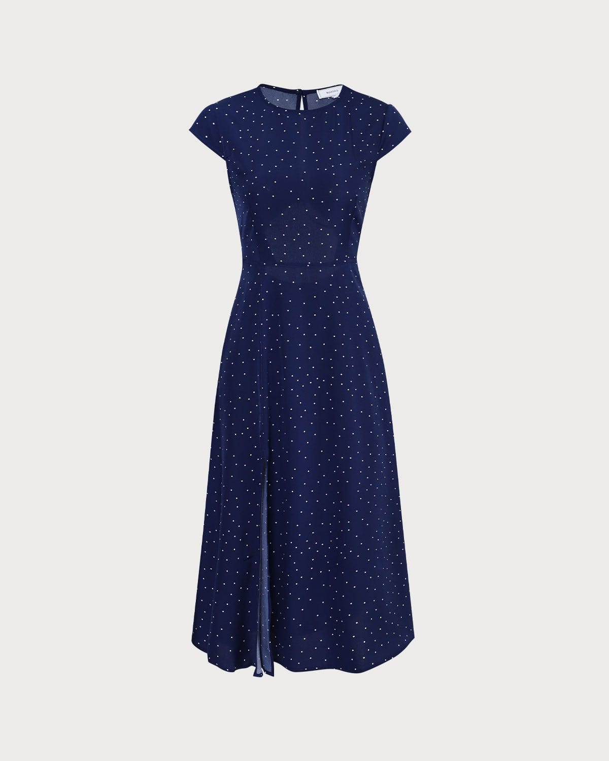Vestido midi azul-marinho com poá, decote redondo e detalhe recortado