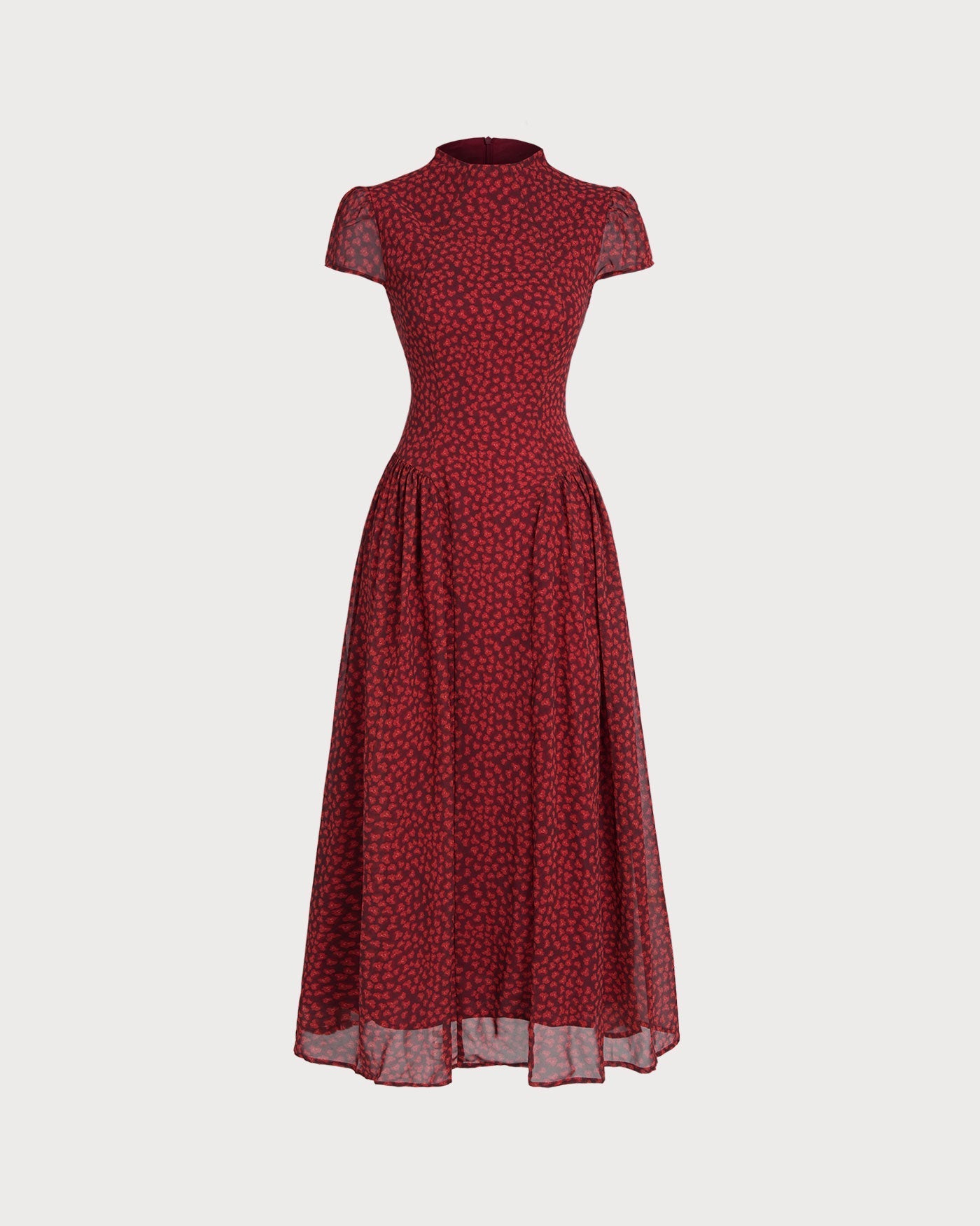 Vestido longo floral vermelho com manga tipo capa