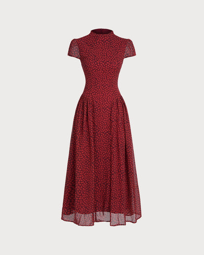 Vestido longo floral vermelho com manga tipo capa