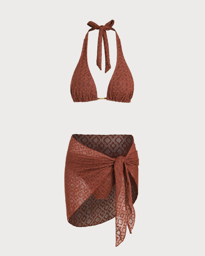 Conjunto de três peças em jacquard marrom