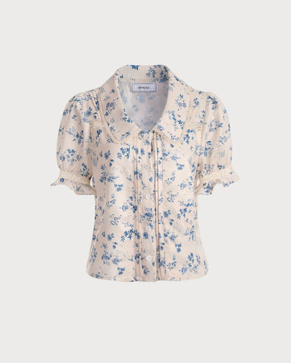 Camisa Floral Plissada com Detalhe em Renda