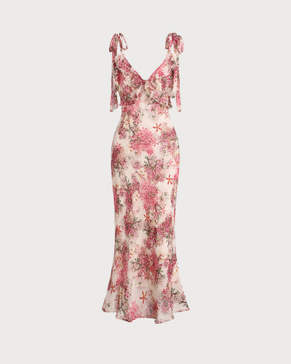 Vestido midi floral rosa com babados e alças de amarrar