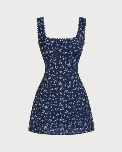 Vestido slip mini com decote quadrado e estampa floral em azul-marinho