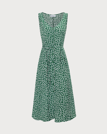 Vestido midi floral verde com decote em V e botões