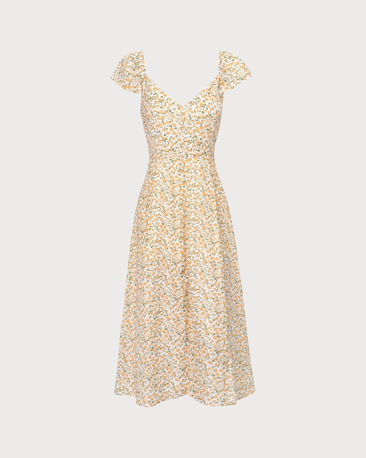 Vestido Midi Amarelo com Estampa Floral, Decote em V e Fenda